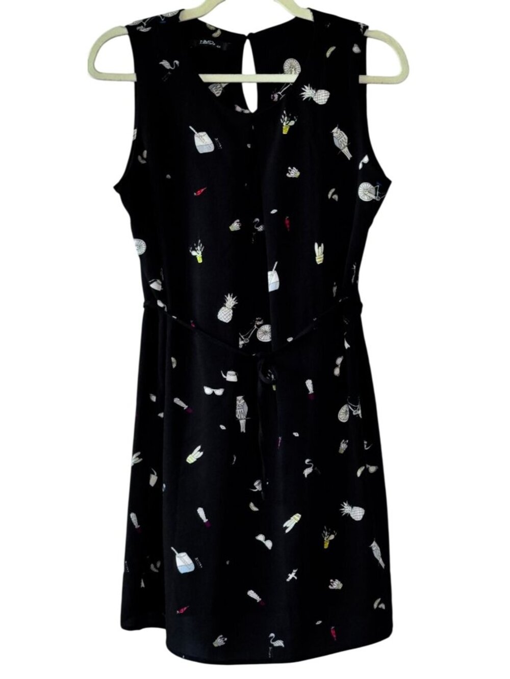 NMD Sleeveless Black Print Dress Lightweight Polyester Keyhole Back - Medium